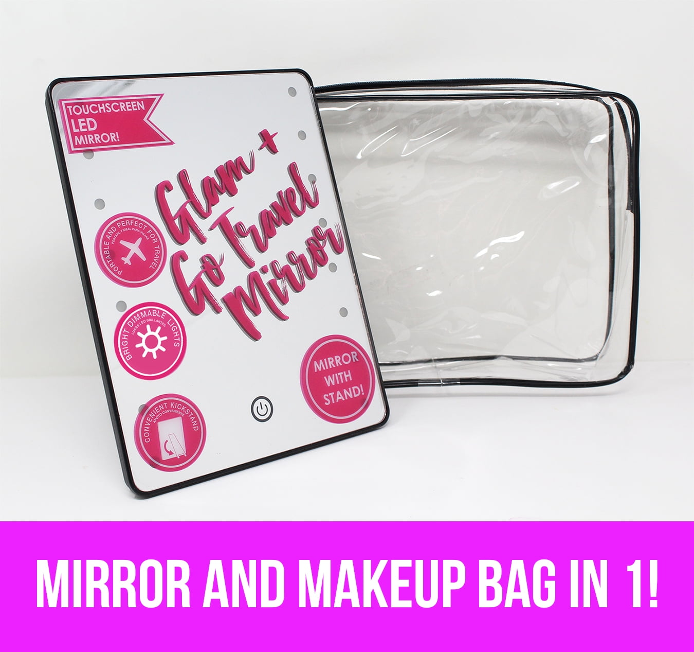 Love, Ellie Lillian Glam and Go LED Travel Makeup Mirror with Dimmable Lights, Kickstand and Storage Bag, Clear