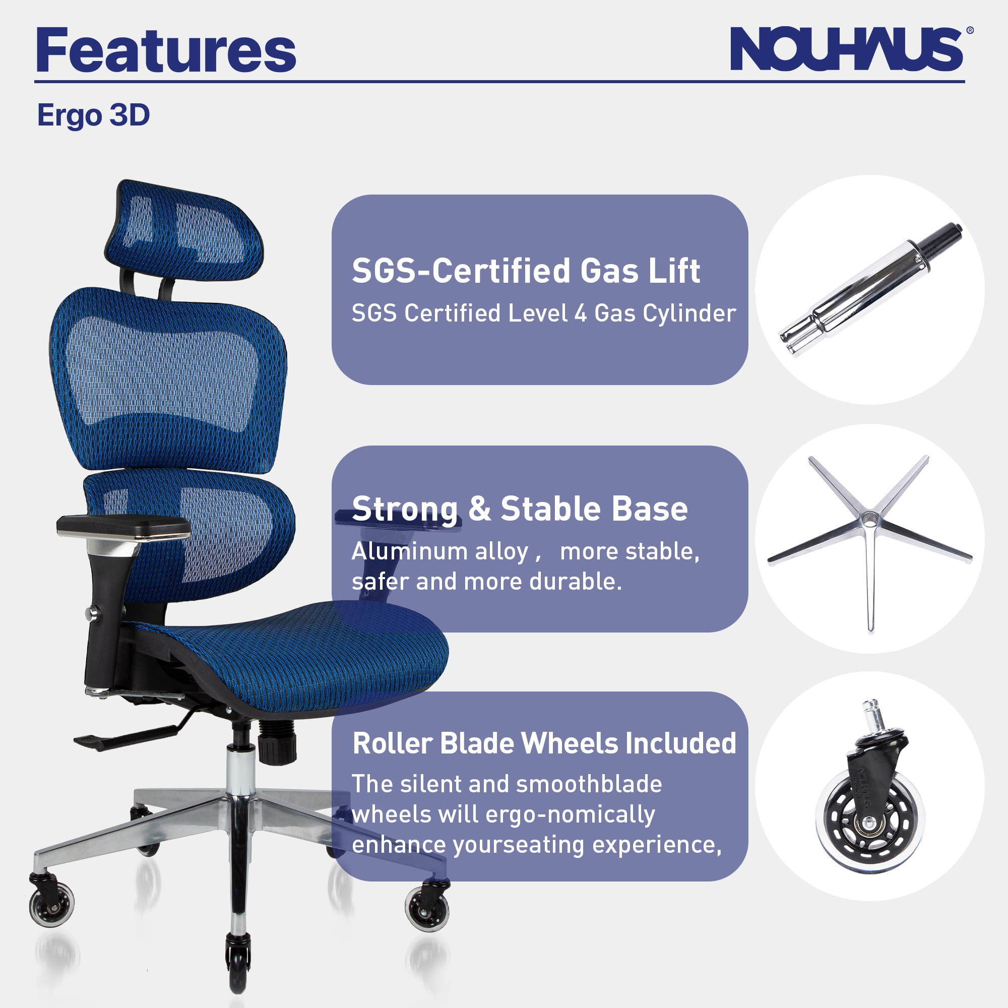 Nouhaus Ergo3D Ergonomic Office Chair Lumbar Support Mesh Office Chair with 4D Adjustable Armrest, Adjustable Headrest and Wheels, Mesh High Back Home Office Desk Chairs(Blue)