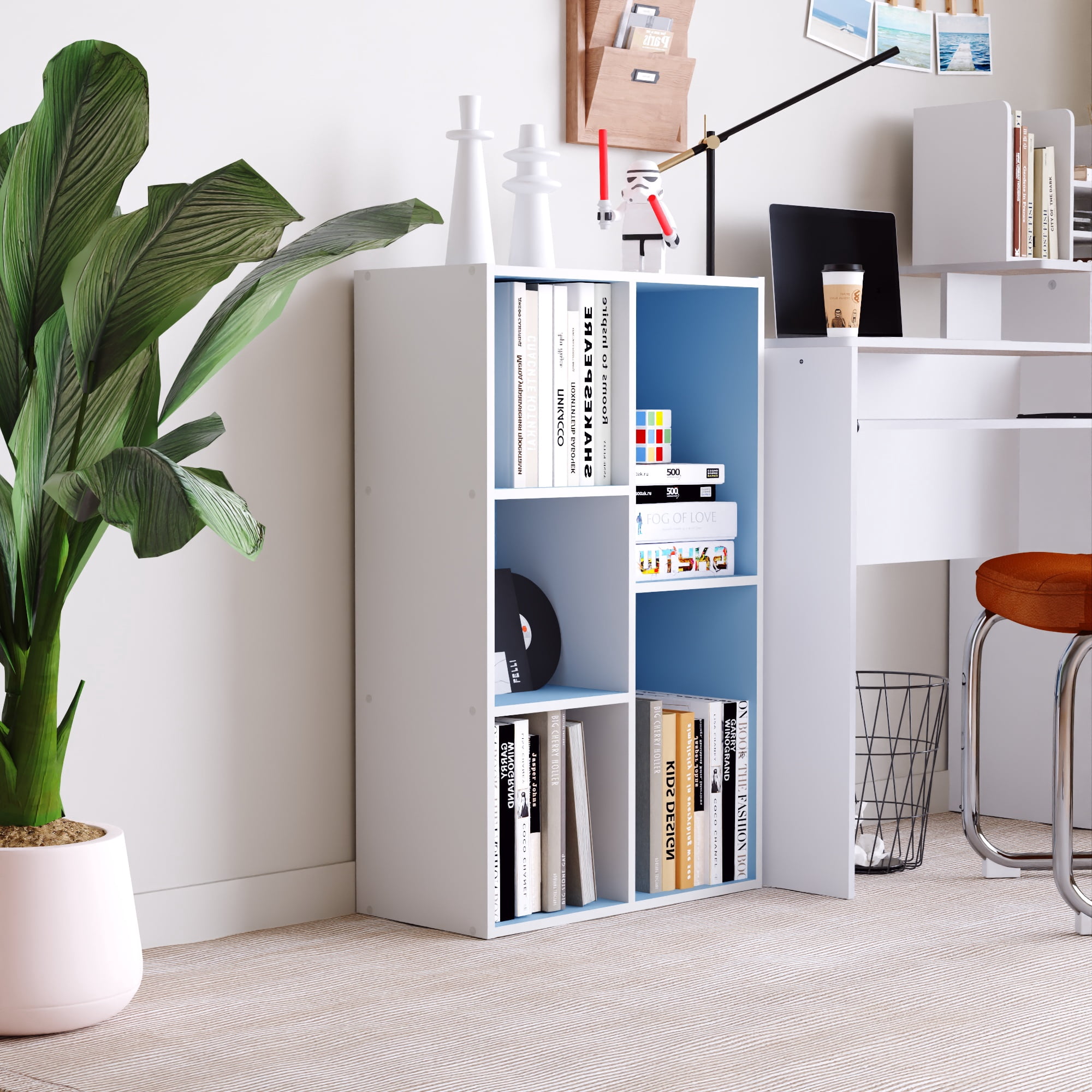 HOMLUX 5-Cube 31.5" Wooden Reversible Open Bookcase for Office, Living Room, White & Light Blue
