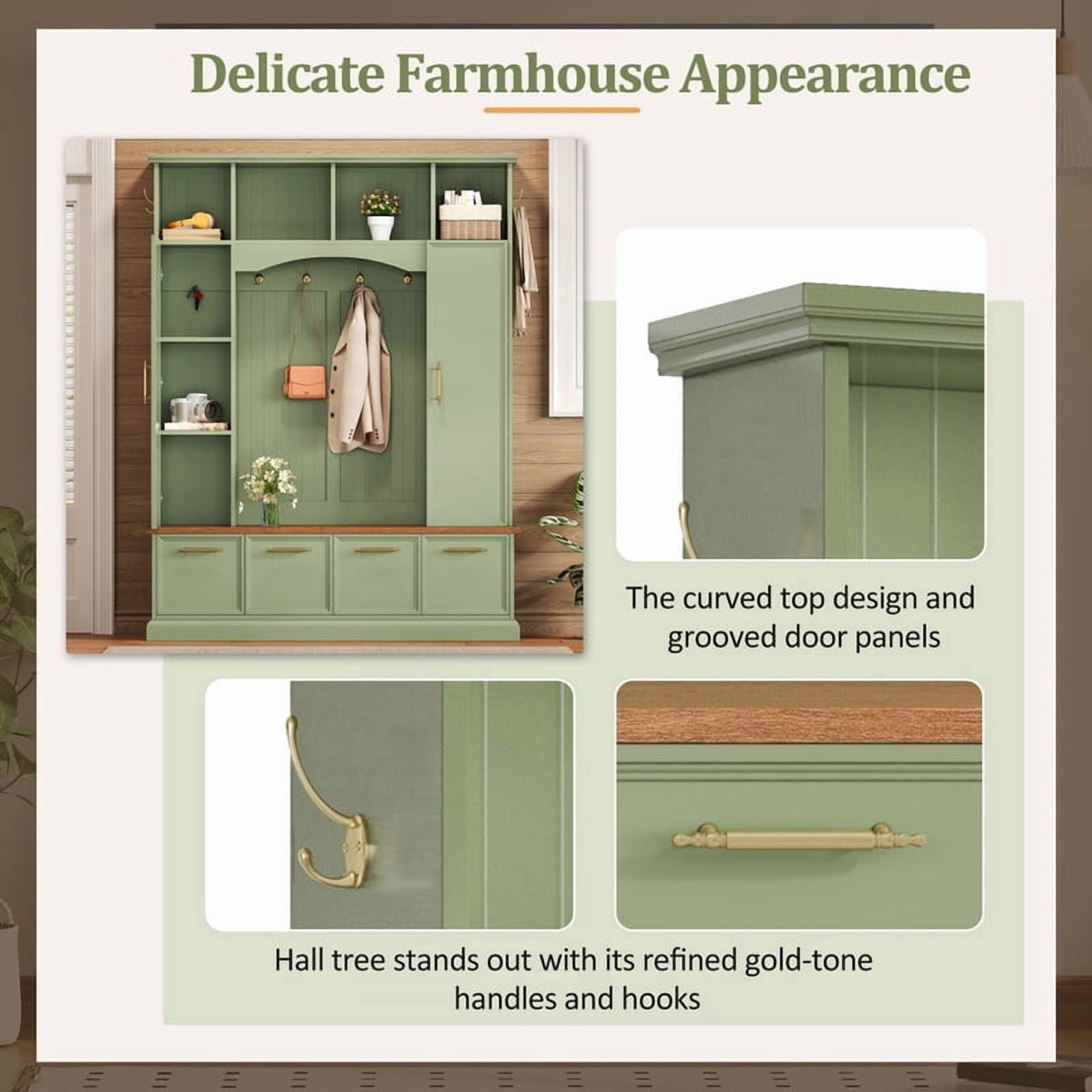 Farmhouse 4-in-1 Hall Tree with Golden Hooks & Handles, Entryway Shoe Bench with Adjustable Shelves, Farmhouse Coat & Shoe Rack for Mudroom