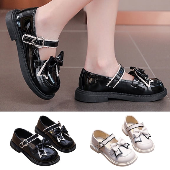 New British Style Little Girl Baby Black Soft Sole Primary School Bow Performance Shoes Beige qILAKOG Size 13.5