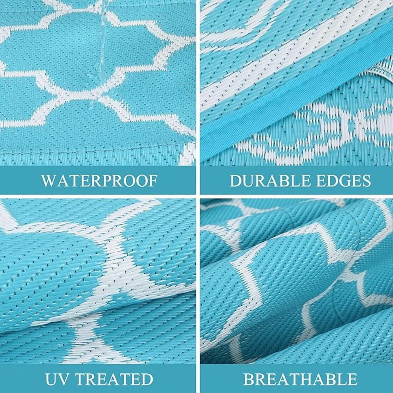 Outdoor Rug 5x8 Reversible Mats, Plastic Straw Rug, Large Floor Mat and Rug for Outdoors, Modern Area Rug, Patio, Backyard, Deck, Picnic, Beach, Trailer, Camping, Teal/White(Geometric)