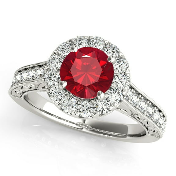Aonejewelry 1.40 Ct. Halo Ruby and Diamond Engagement Wedding Ring In 14k Solid White Gold