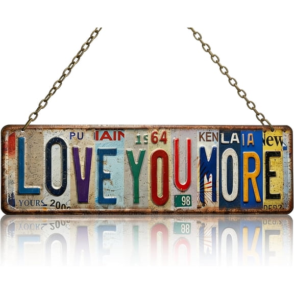 Vintage Love You More Metal Sign, 16 x 4 Inch Rustic License Plate Wall Decor for Bedroom and Home, Retro Above Door Art, Anniversary Couples Gift
