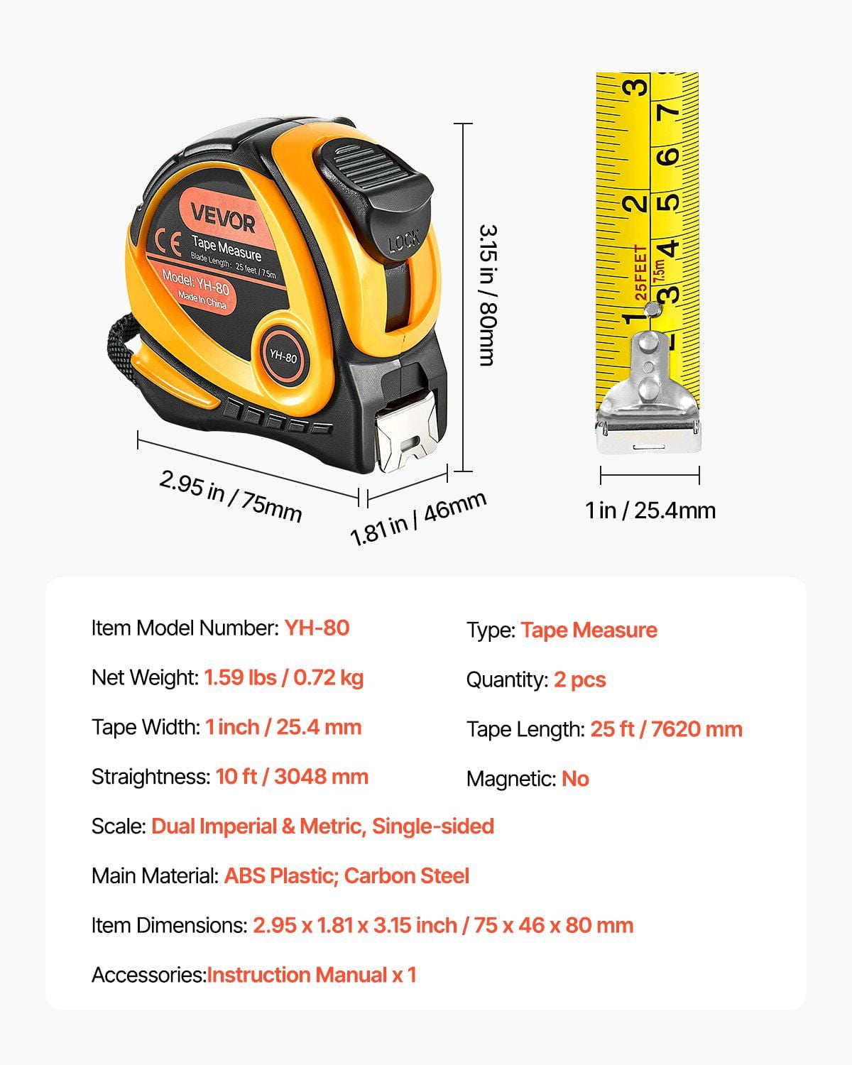 25ft Tape Measure 2-Pack, Retractable, Imperial & Metric, for DIY, Outdoor & Home Decoration