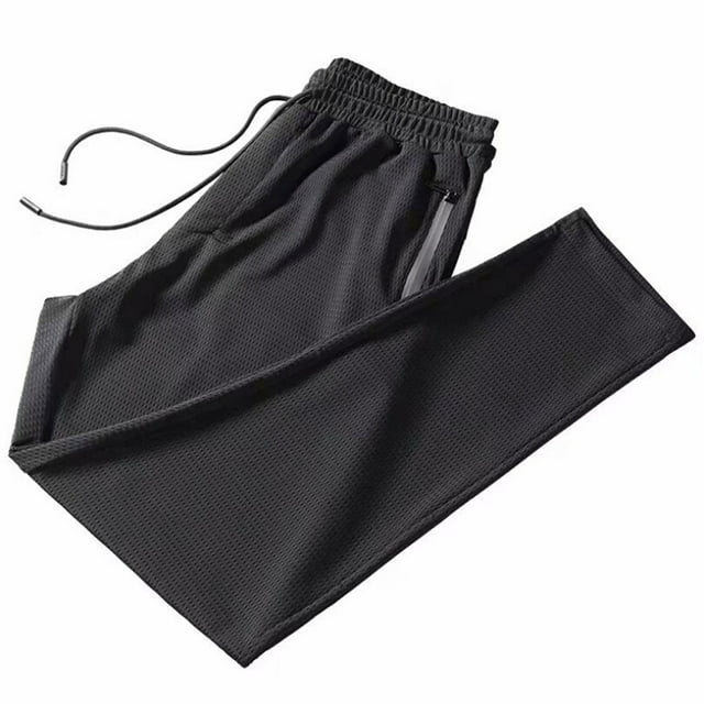 Men Ice Silk Stretch Pants, Men’s Drawstring Elastic Waist Mesh Breathable Quick Drying Straight Leg Pants Trousers with Zipper Pockets
