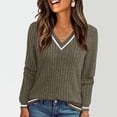 thumbnail image 3 of Wutalume Women's Long Sleeve V Neck Color Block Slim Knit Sweater, Fall Soft Lightweight Top, Solid Base Layer for Styling and Comfort,Army Green L, 3 of 6