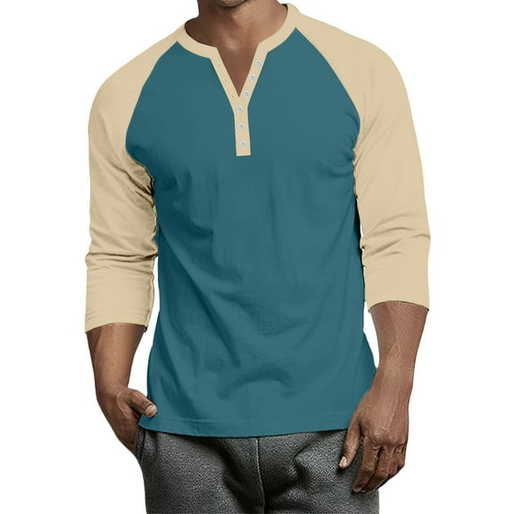 Hearthz Raglan 3/4 Sleevets for Men Henley Neck Baseball Jersey Colorblock Mens Tops Dressy Casual Fall Tshirts Shirts for Men