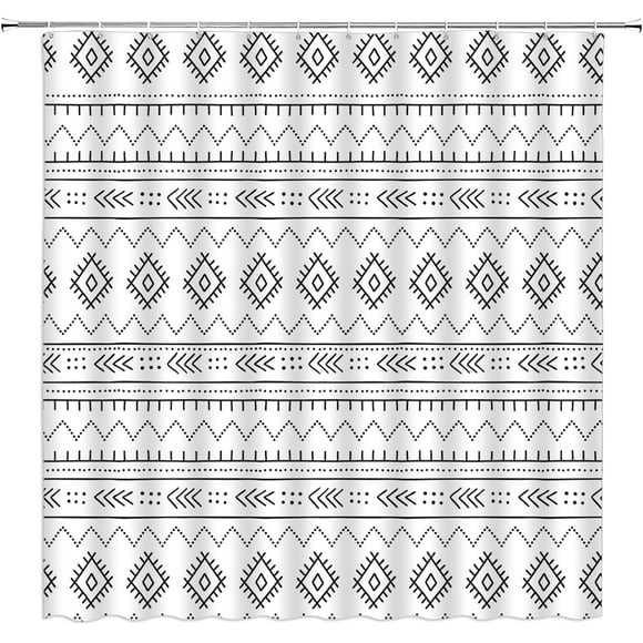 Rideau de Douche Géométrique Boho Noir Blanc Aztèque Sud-Ouest Tribal Natif Rétro Abstrait Mi-Siècle Moderne Ferme Tissu Décoration Salle de Bain avec Crochets (70 Pouces L X 70 H)