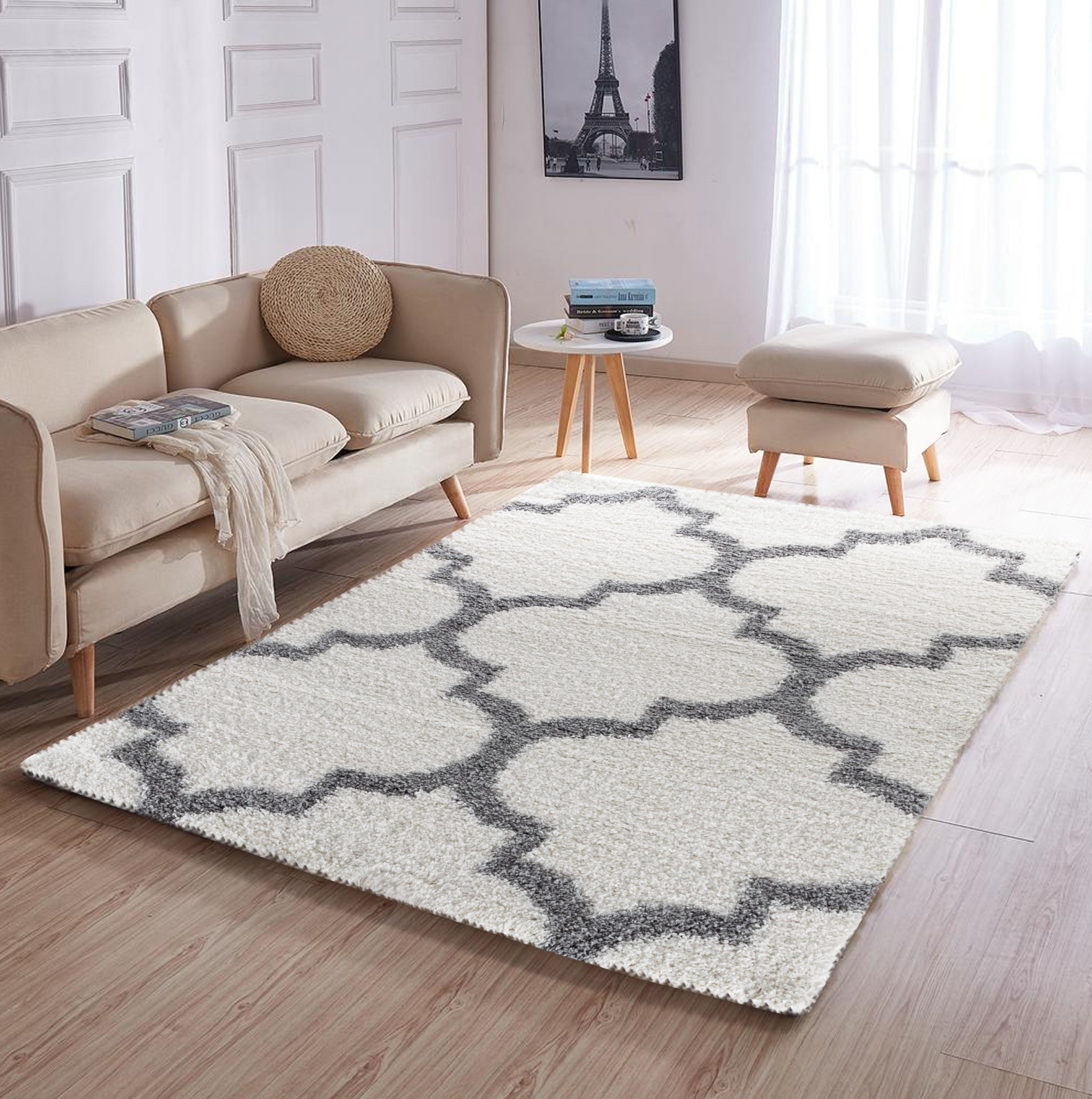Supreme Shag Collection Soft White, Gray, Large Trellis Shaggy Area