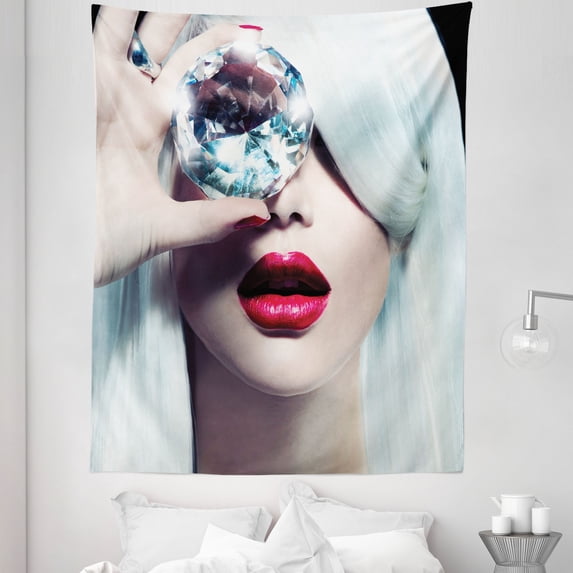 Women Tapestry, Close up Portrait Print of Lady with Grey Hair Holding a Huge Diamond, Fabric Wall Hanging Decor for Bedroom Living Room Dorm, 5 Sizes, Magenta Pale Cadet Blue, by Ambesonne