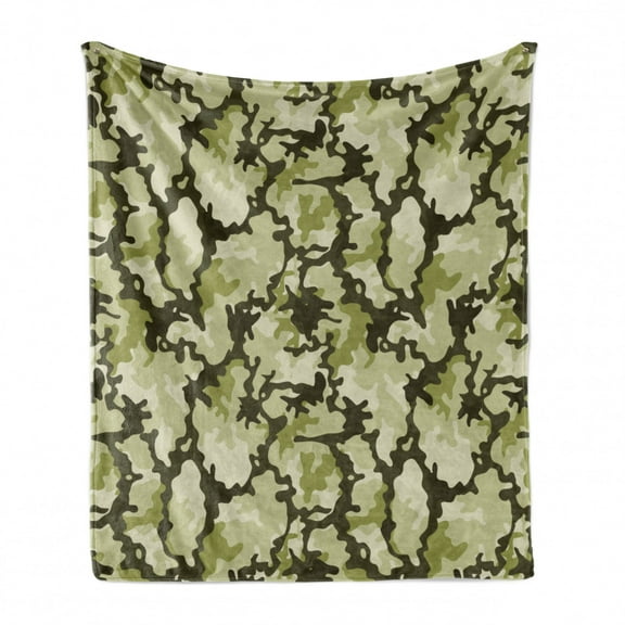 Camo Soft Flannel Fleece Throw Blanket, Pattern in Green Shades Background Woodland Wild Nature Design, Cozy Plush for Indoor and Outdoor Use, 50" x 60", Pale Green Dark Green, by Ambesonne