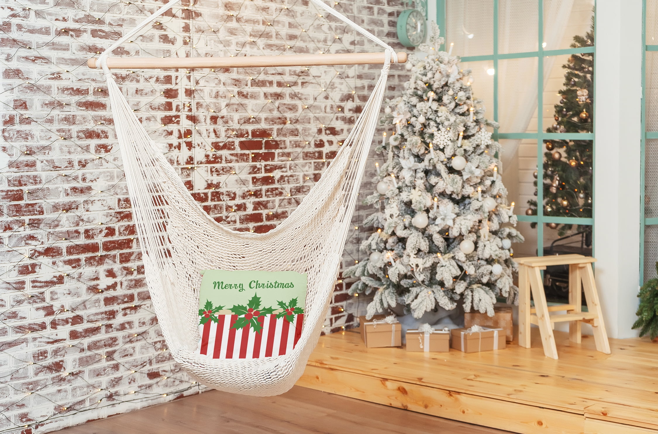 16" x 16" Simply Daisy Merry Christmas Stripes Polyester Indoor/Outdoor Pillow, Leaf Green Qty 1