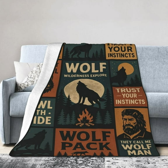 Wolf Throw Blanket, Flannel Cool Wolves Themed Stuffed Animal Purple Throw, Soft Nap Throw Blanket for Home Boys Girls Women Wolf Lovers Gifts 50x40