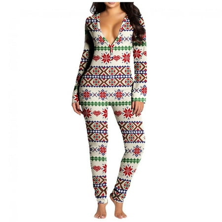 

Pants Clearance Womens Onesie Flap Pajamas Christmas Print Butt Flap Sleepwear Cute Button Collar Rompers Nightwear Jumpsuit Green Xxl