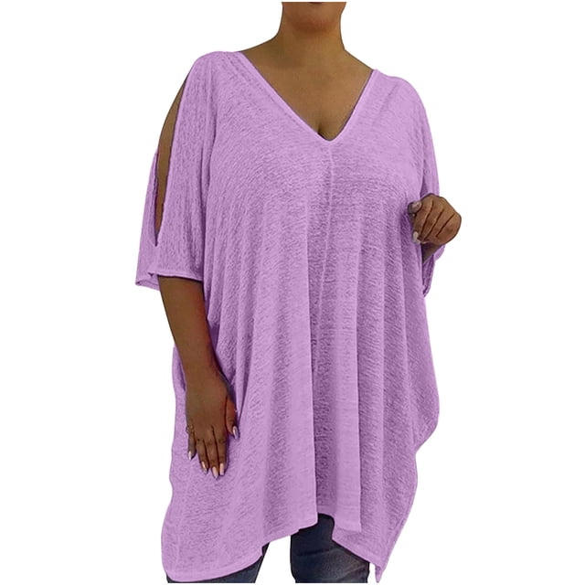 Leutsin Women Summer Plus Size Casual Loose Solid Short Sleeve V Neck Cold Shoulder Tops