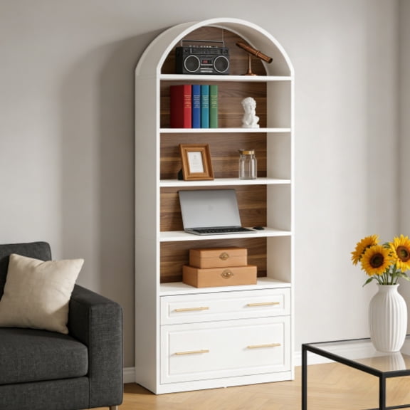 76.8" Tall Arched Bookcase, 5-Tier Bookshelf with File Cabinet Drawer, Modern Freestanding Wooden Bookshelves, Large Open Display Storage Shelves for Home Office, Living Room