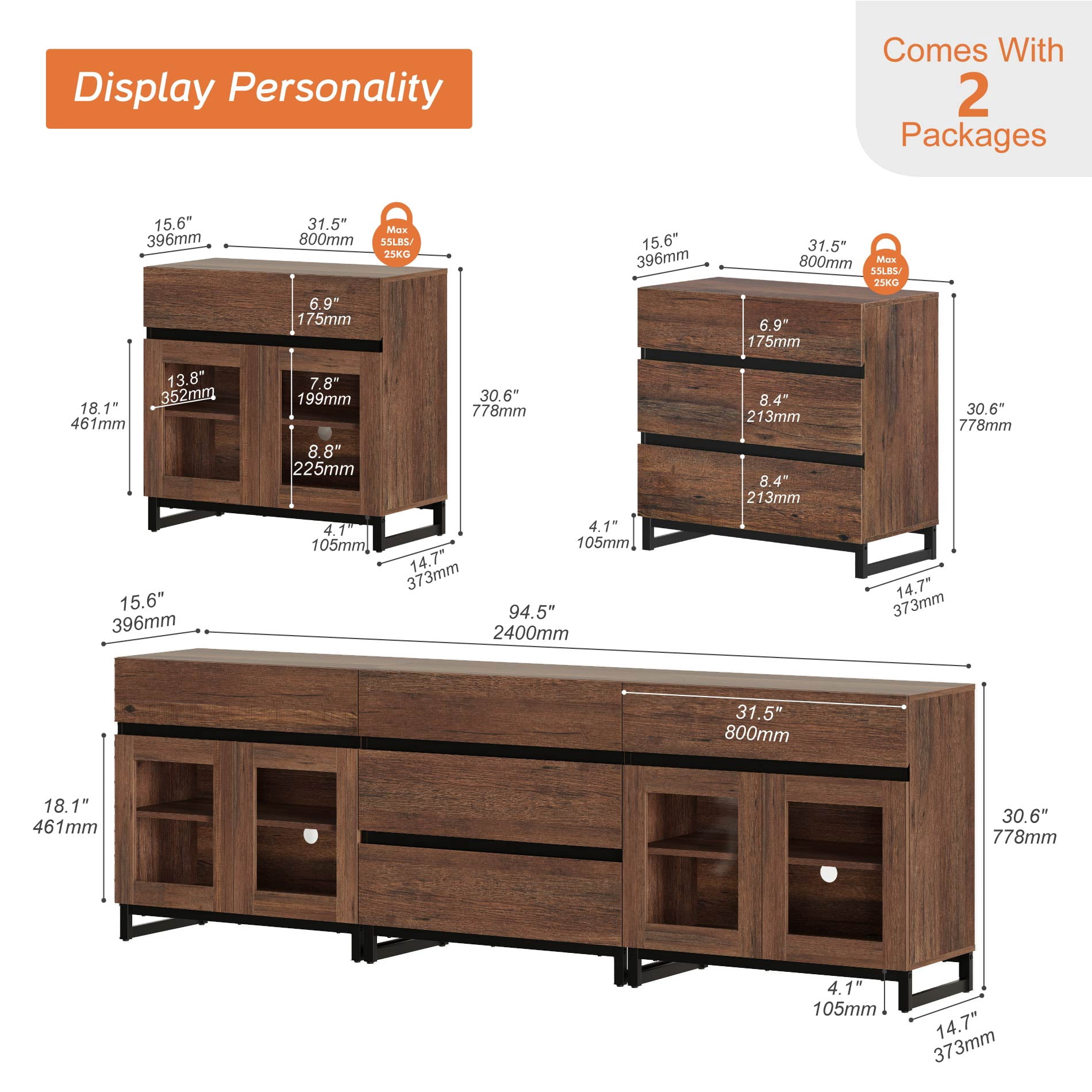 3 In 1 Sideboard Buffet Cabinets With Glass Doors And 5 Drawers, Modern Sideboard Credenza With Adjustable Shelf And Metal Base, Coffee Bar Cabinet Storage Cabinet For Living Room, Kitchen