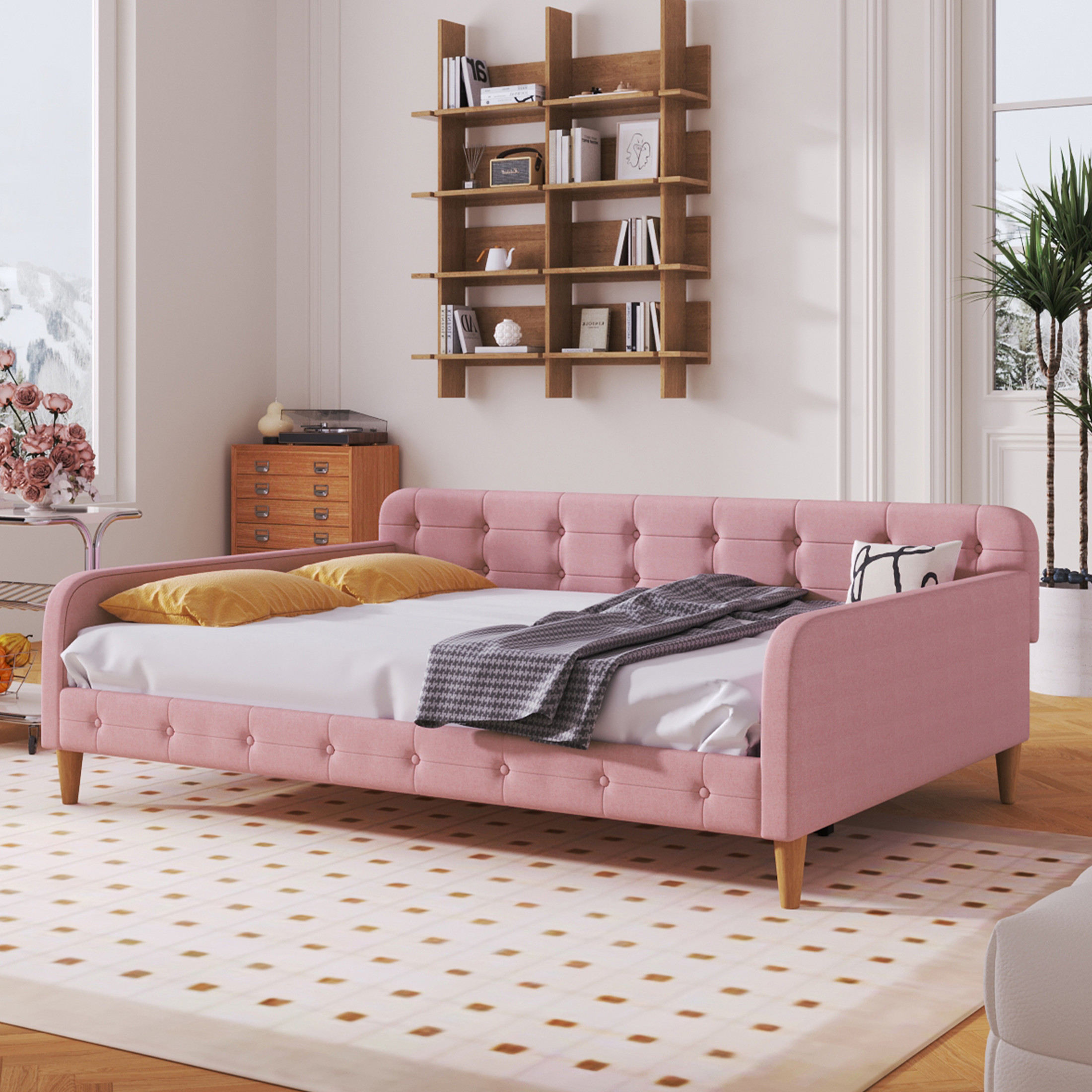 Noble House Havina Full Upholstered Daybed, Button Tufted Linen Sofa Guest Bed with Slat Support Frame, Pink