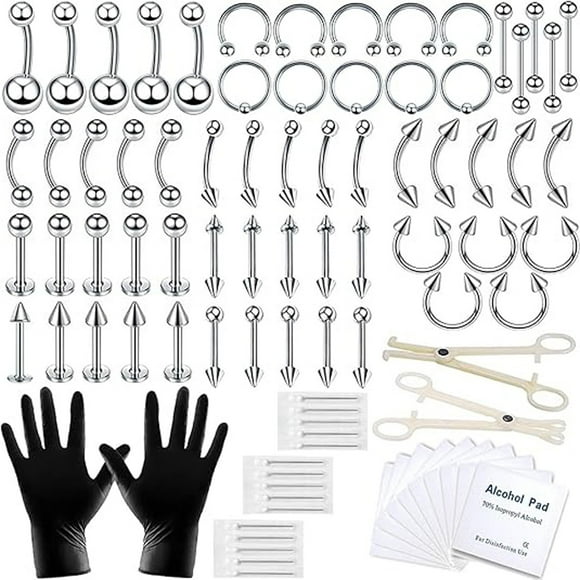 Body Septum Piercing Kit, 14G 16G Tools for Nose, Tongue, Lip, Ear, Eyebrow, Navel, Cartilage, Tragus, Industrial Barbell, Helix, Daith, Jewelry Clamps