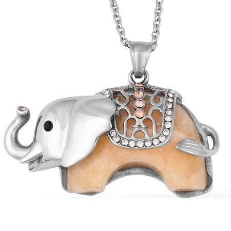 Jade Yellow Necklace - Elephant Chain Pendant Necklace Yellow Jade Cubic Zirconia CZ Stainless Steel Size 20