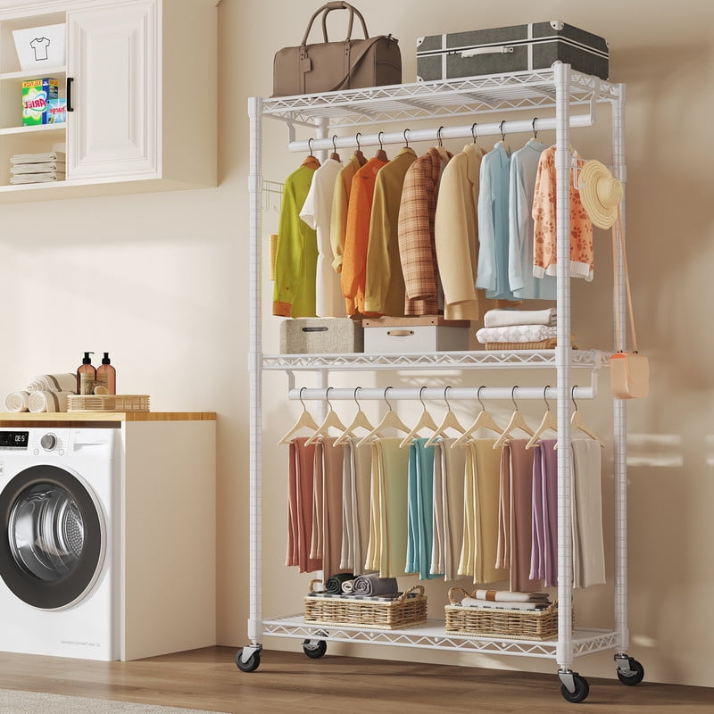Gianna 45 Inch Rolling Clothes Rack, Adjustable Metal Shelves, Heavy Duty Clothes Rack with Side Hooks for Household, Laundry Room, White