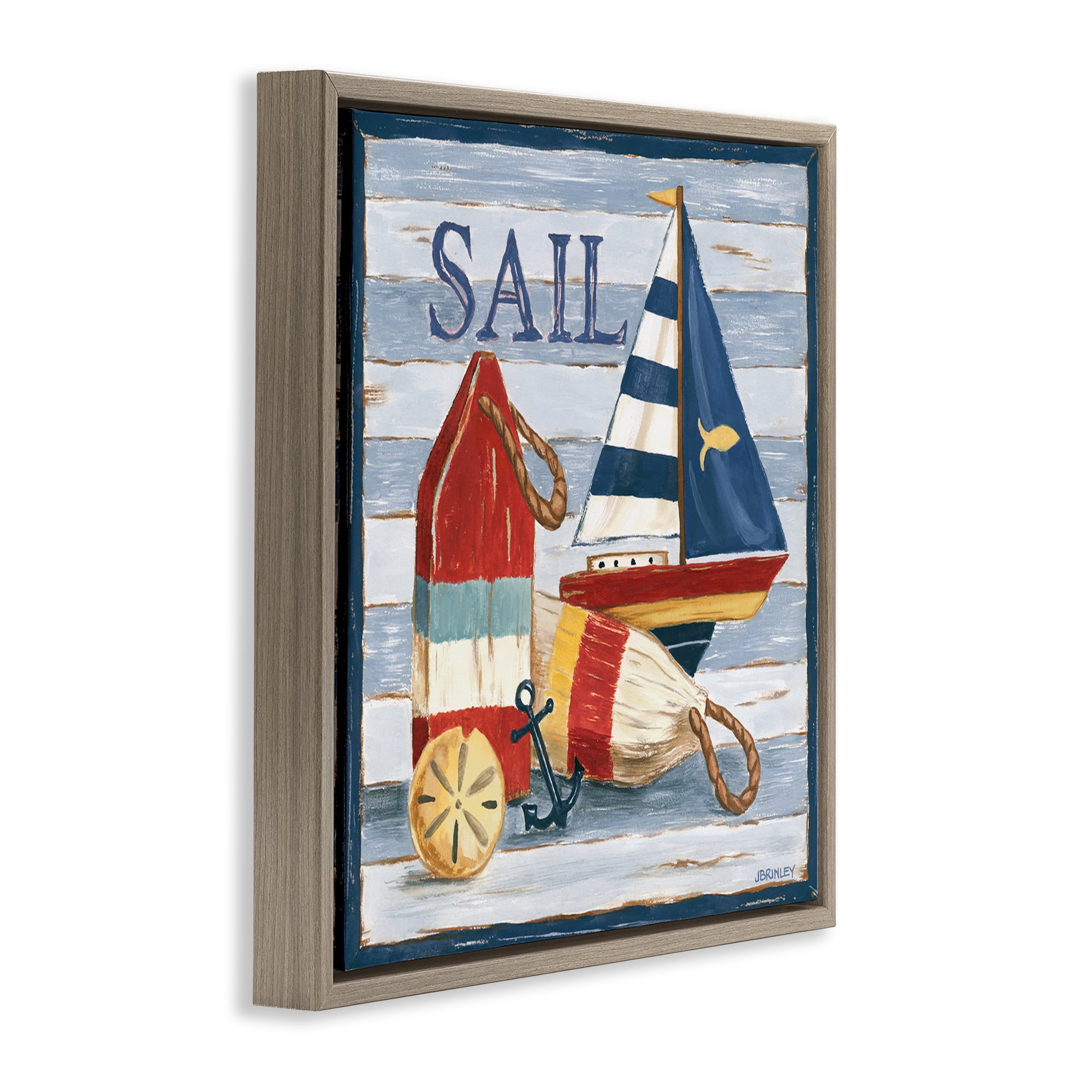 Stupell Industries Sail Boat & Buoys Nautical & Beach Painting Brown Floater Framed Canvas Art Print Wall Art, 18 x 18