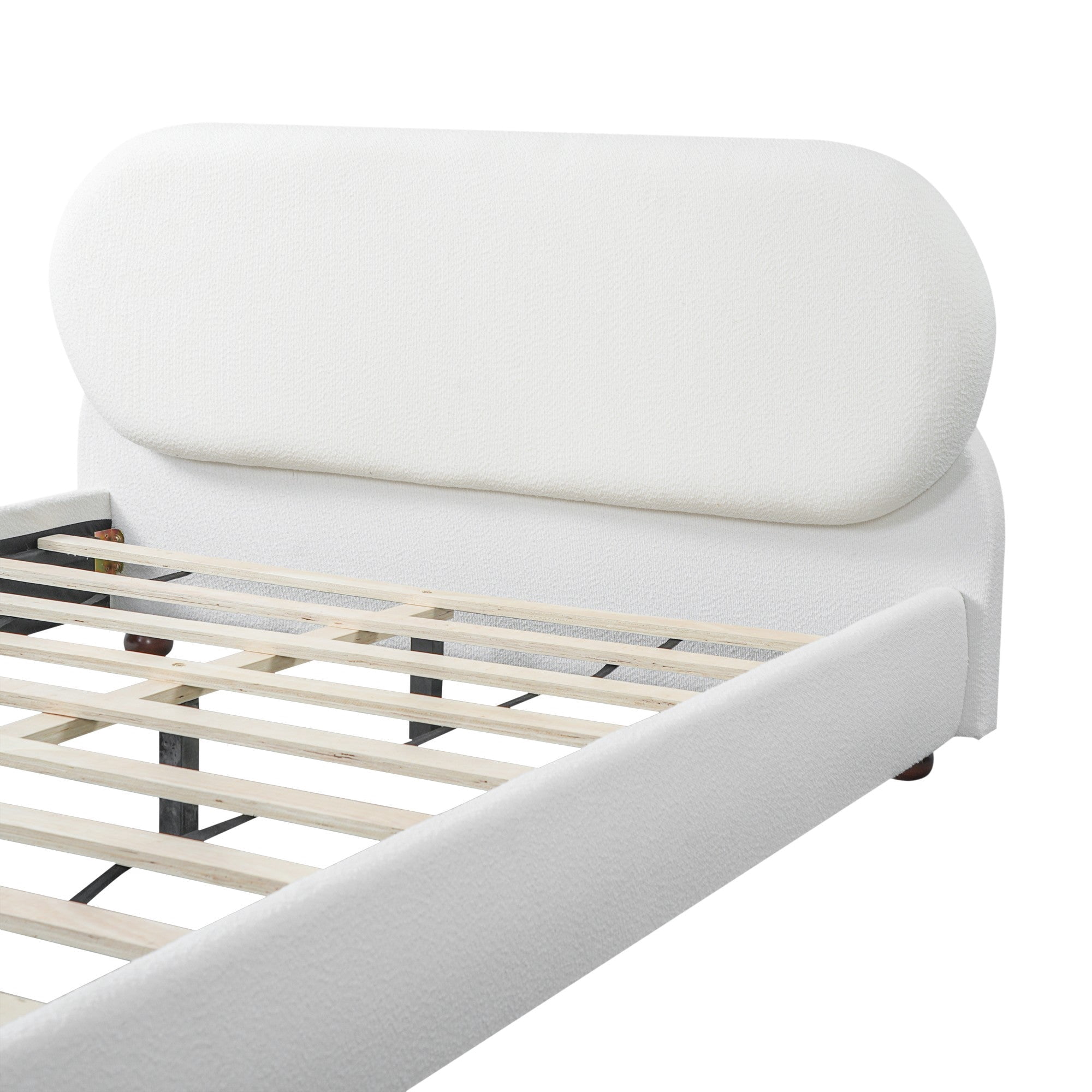 Sailvan Queen Cream Boucle Upholstered Bed,Modern Platform Bed Frame with Curved Headboard and Solid Rubber Wood Gourd Legs,800lb Support