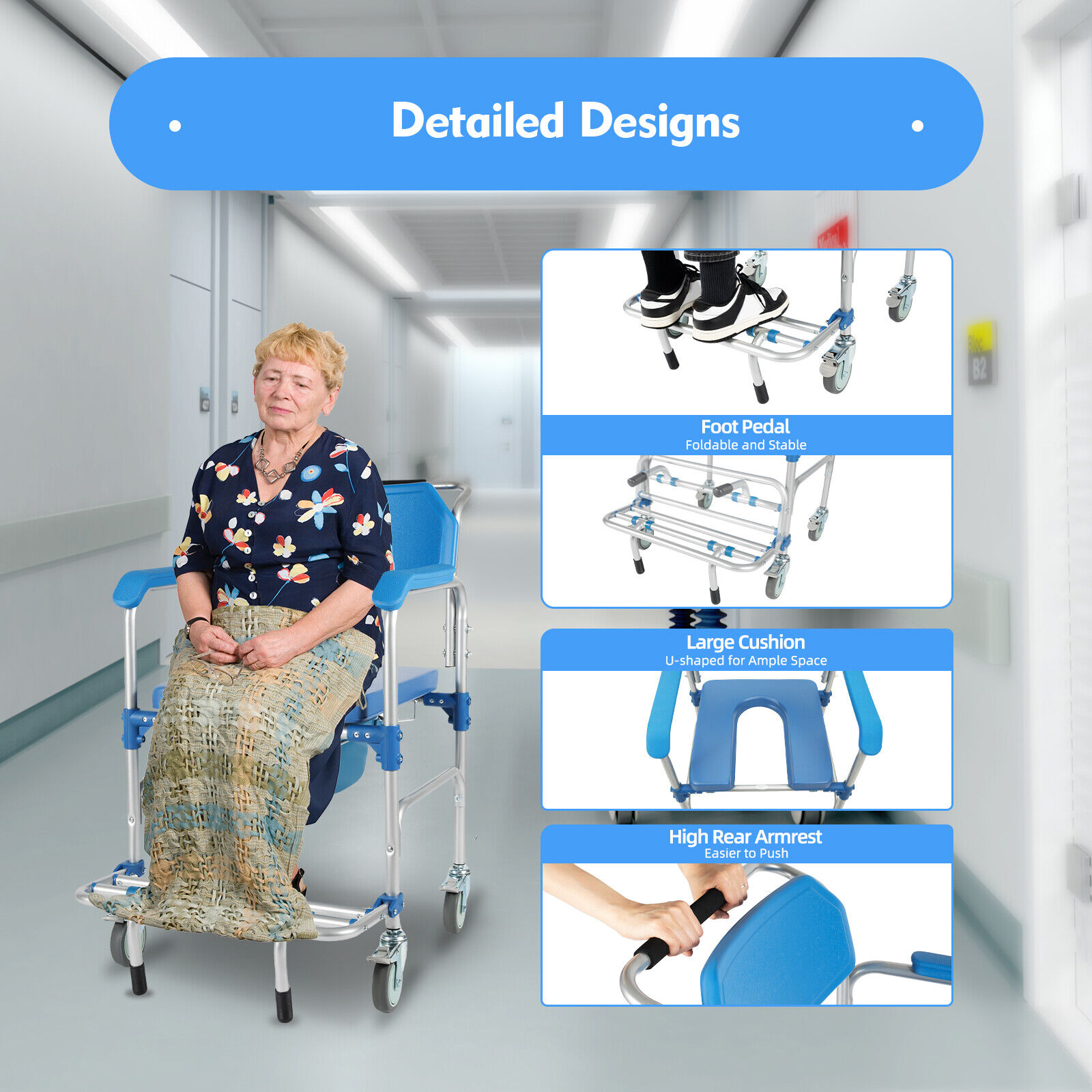 Elderly Shower Wheelchair,350lb Beside Commodes,Shower Potty Transport Chair,Bath Wheelchair Hight Adjustable,Flip Up Footrests Perfect for Handicap Disabled Travel Use