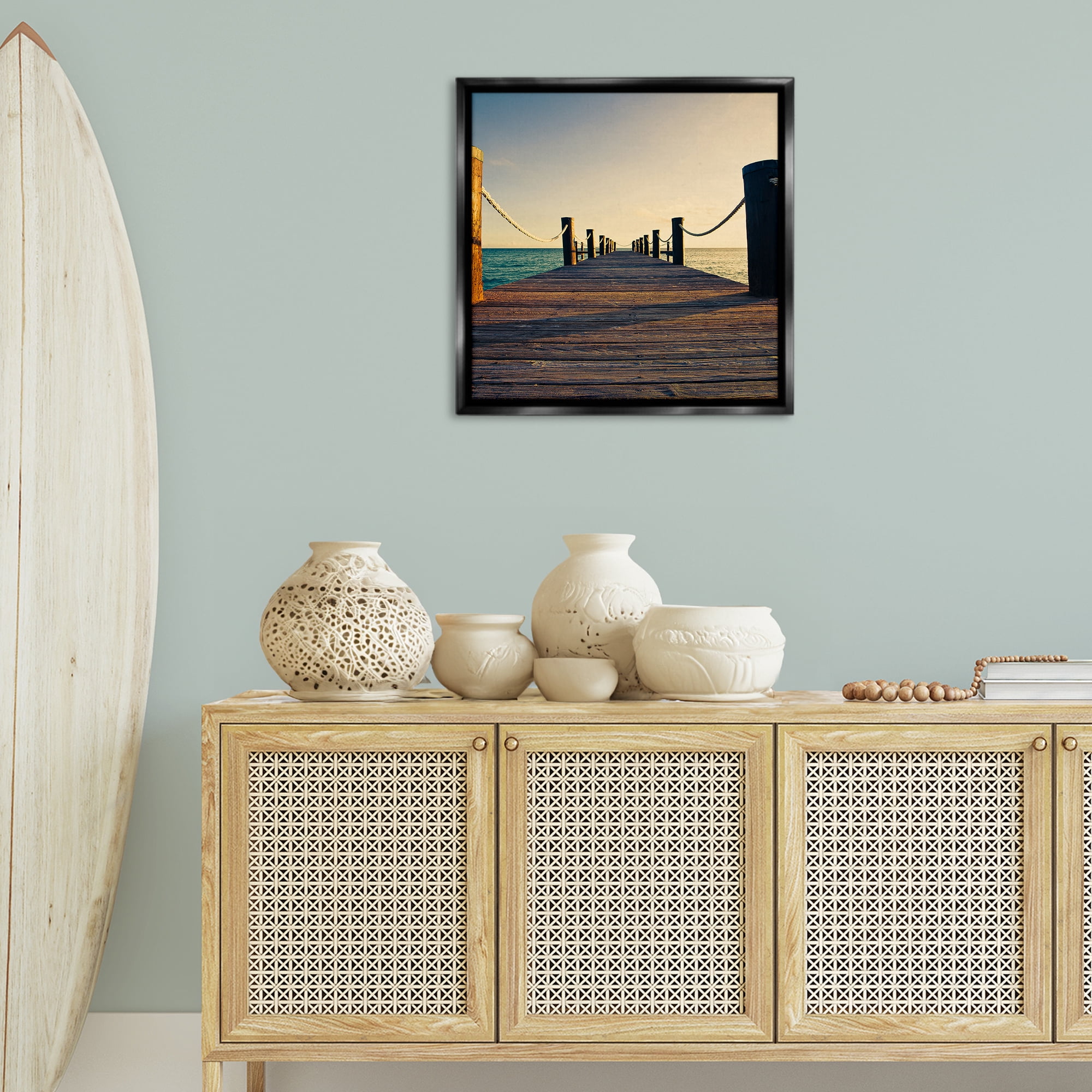 Stupell Industries Coastal Beach Dock Nautical & Beach Photography Black Floater Framed Canvas Art Print Wall Art, 25 x 25