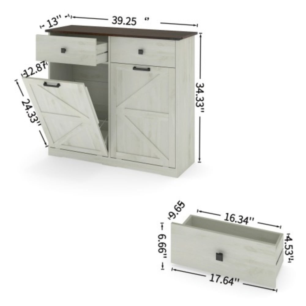 Farmhouse Double Tilt-Out Trash Cabinet, 2 x 10 Gallon Hidden Garbage Can Storage, Recycling Cabinet with Drawers, Barn Door Style, Brown + Antique White