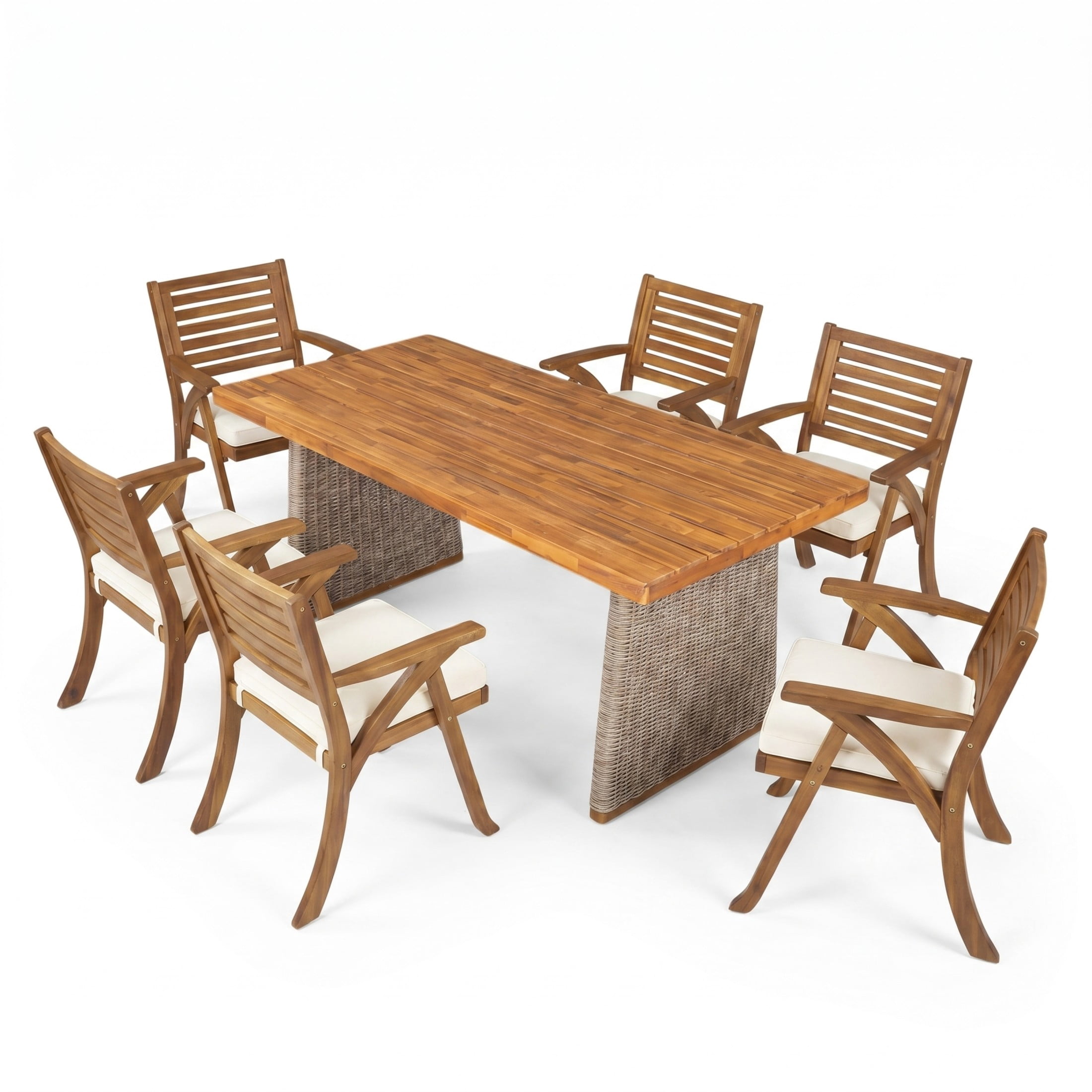 Christopher Knight Home 7-Piece Outdoor Dining Table with 6 Dining Chairs, Brown Wicker Legs, Cream Cushions