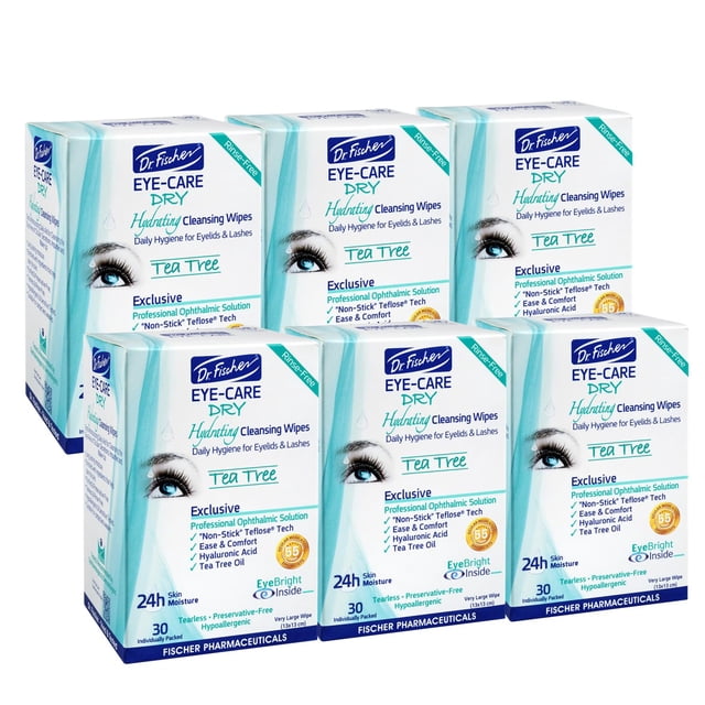 Toallitas para párpados Dr. Fischer Tea Tree: toallitas suaves para los ojos para la limpieza diaria de los ojos y un desmaquillador hipoalergénico (6 paquetes de 30 toallitas cada uno).