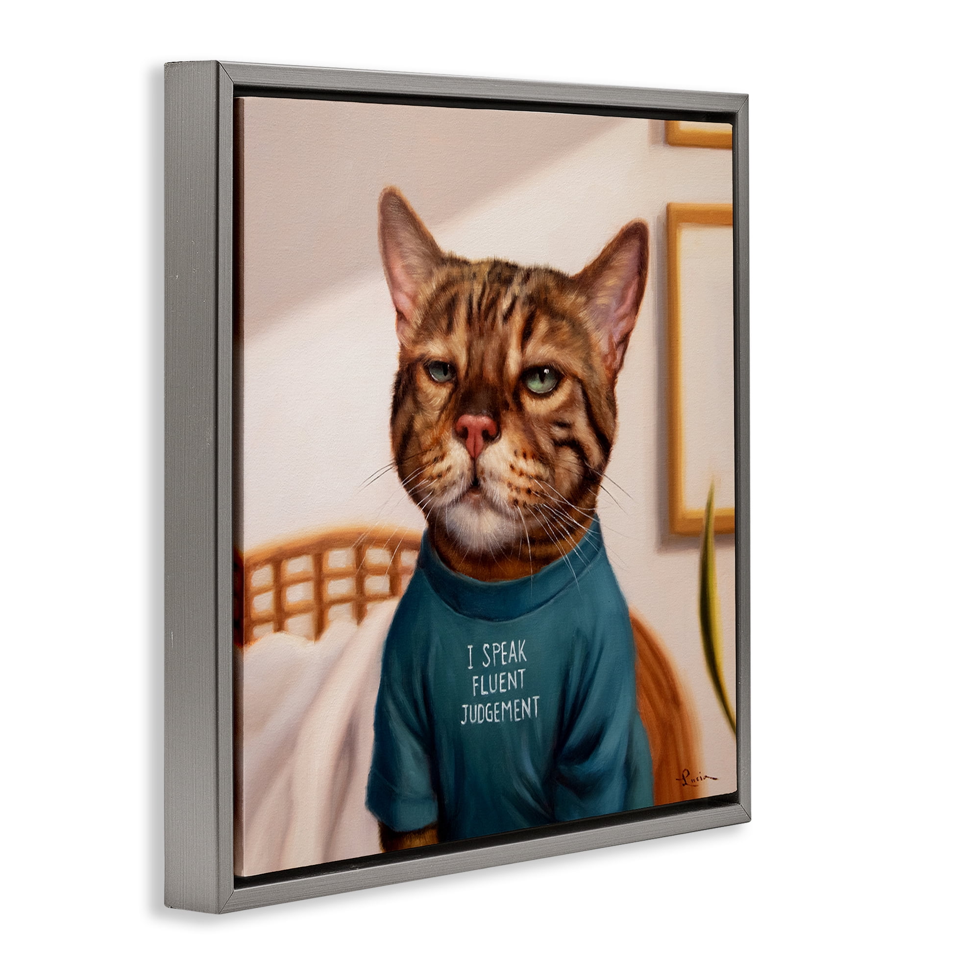 Stupell Industries Cattitude Speak Fluent Judgement Gray Framed Floater Canvas Wall Art, design by Lucia Heffernan