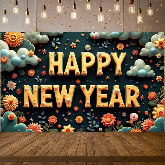 Floral Design Happy New Year Banner Pattern New Year Display 3D Lettering Colorful Decor Festive Backdrop for New Year Party Holiday Celebration Indoor Decor