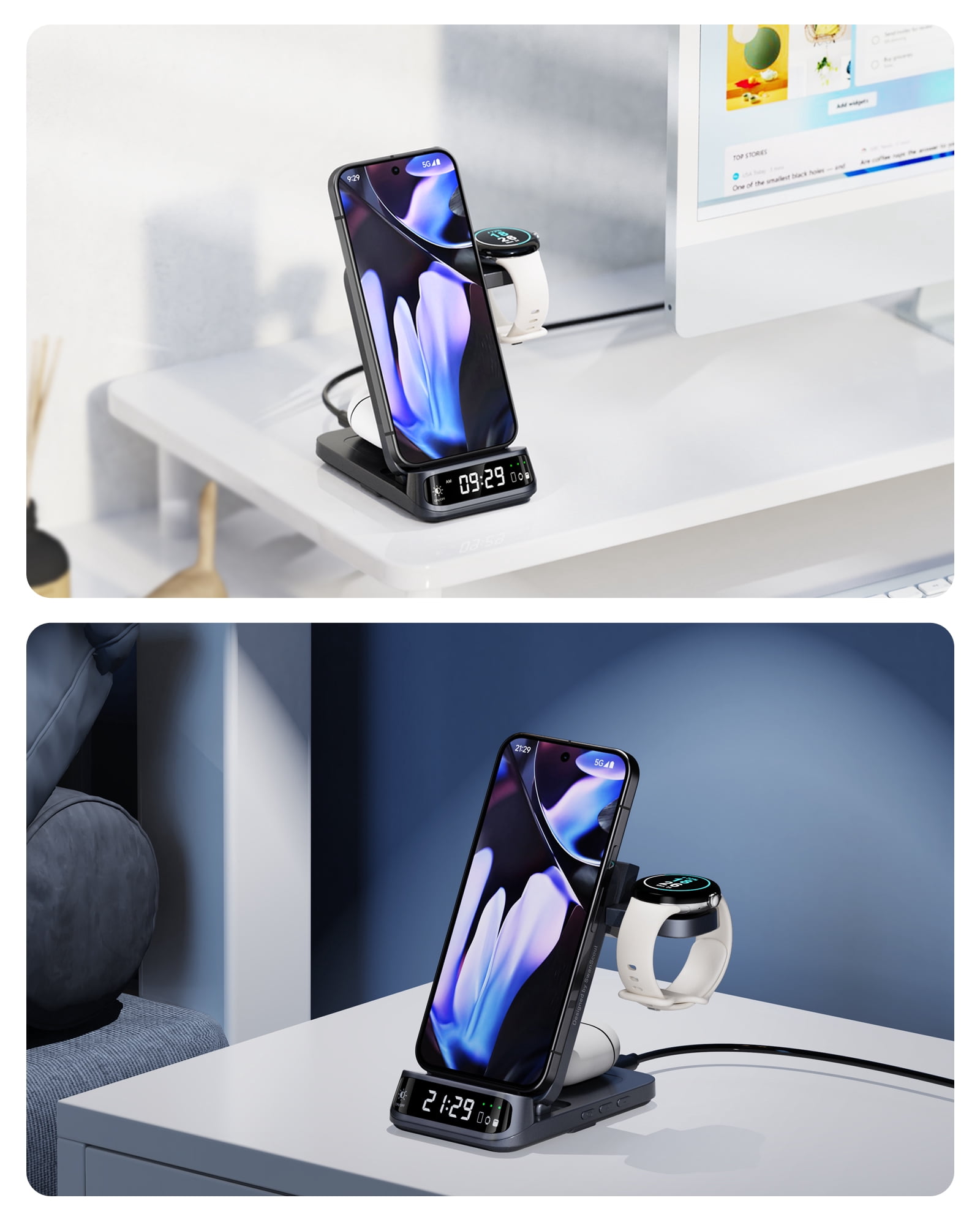 Wireless Charger for Pixel Watch 3/2 (Not for Pixel Watch 1), 3-in-1 Charging Station for Google 9 Pro Fold/9a/9 Pro/9/8 Pro/8a/7/6/5/4, SwanScout 708G2 (No Adapter)