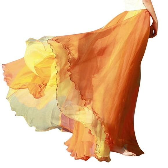 YUEHAO Skirts For Women Fashion Women Full Circle Skirt Flowing Color Matching Chiffon Bohemian Skirt (Orange)