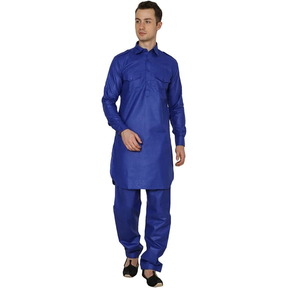 Royal Kurta Men's Cotton Pathani Kurta Pyjama Blue