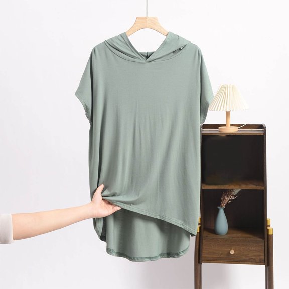 Delliss Women's Fashion Hooded Plus Size T-Shirt Round Neck High Low Loose Short Sleeve Top Green XXL
