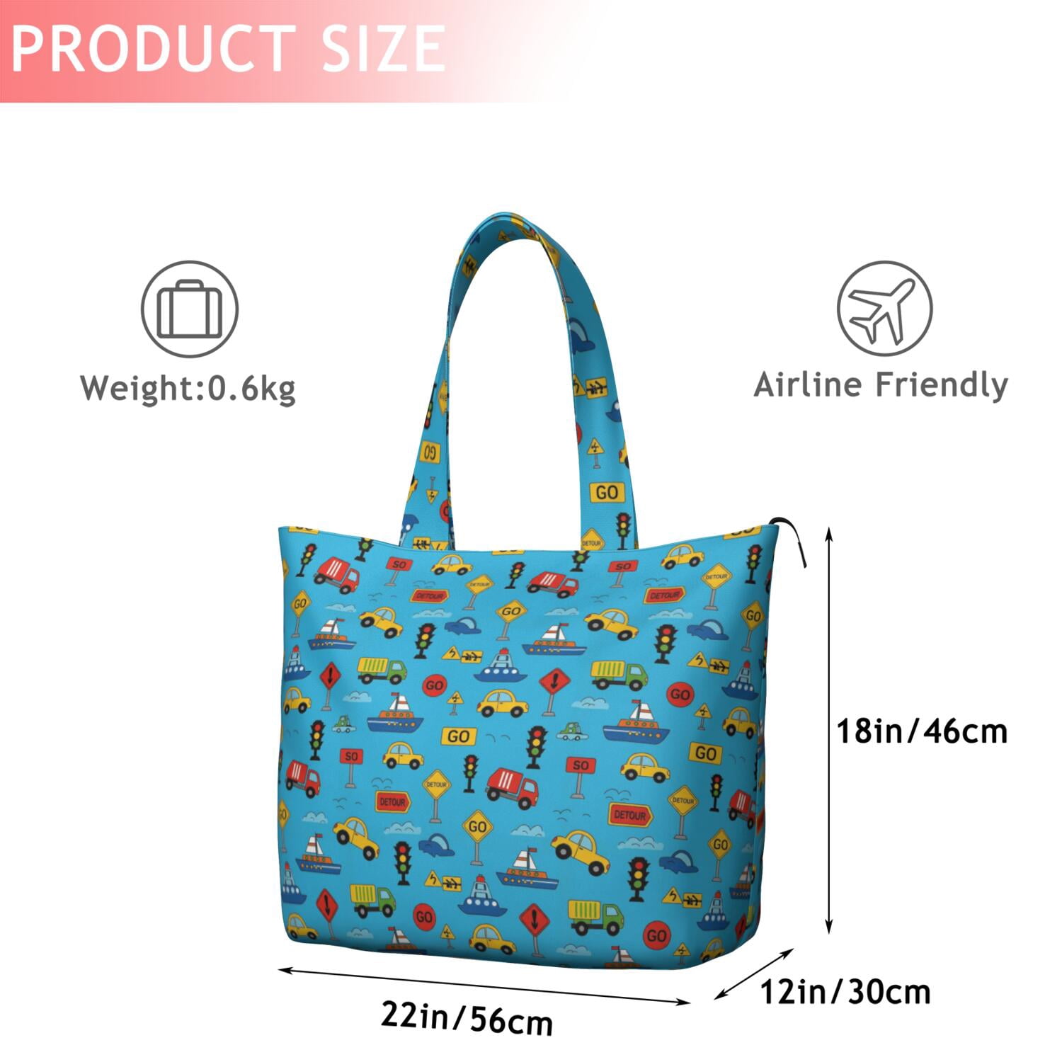 Cartoon Traffic Vehicles Signs Blue Pattern Travel Tote Bags for Women Carry On,Large Weekender Bags for Women Travel,Multi Functional Duffle Bag for Work,Shopping,Sports
