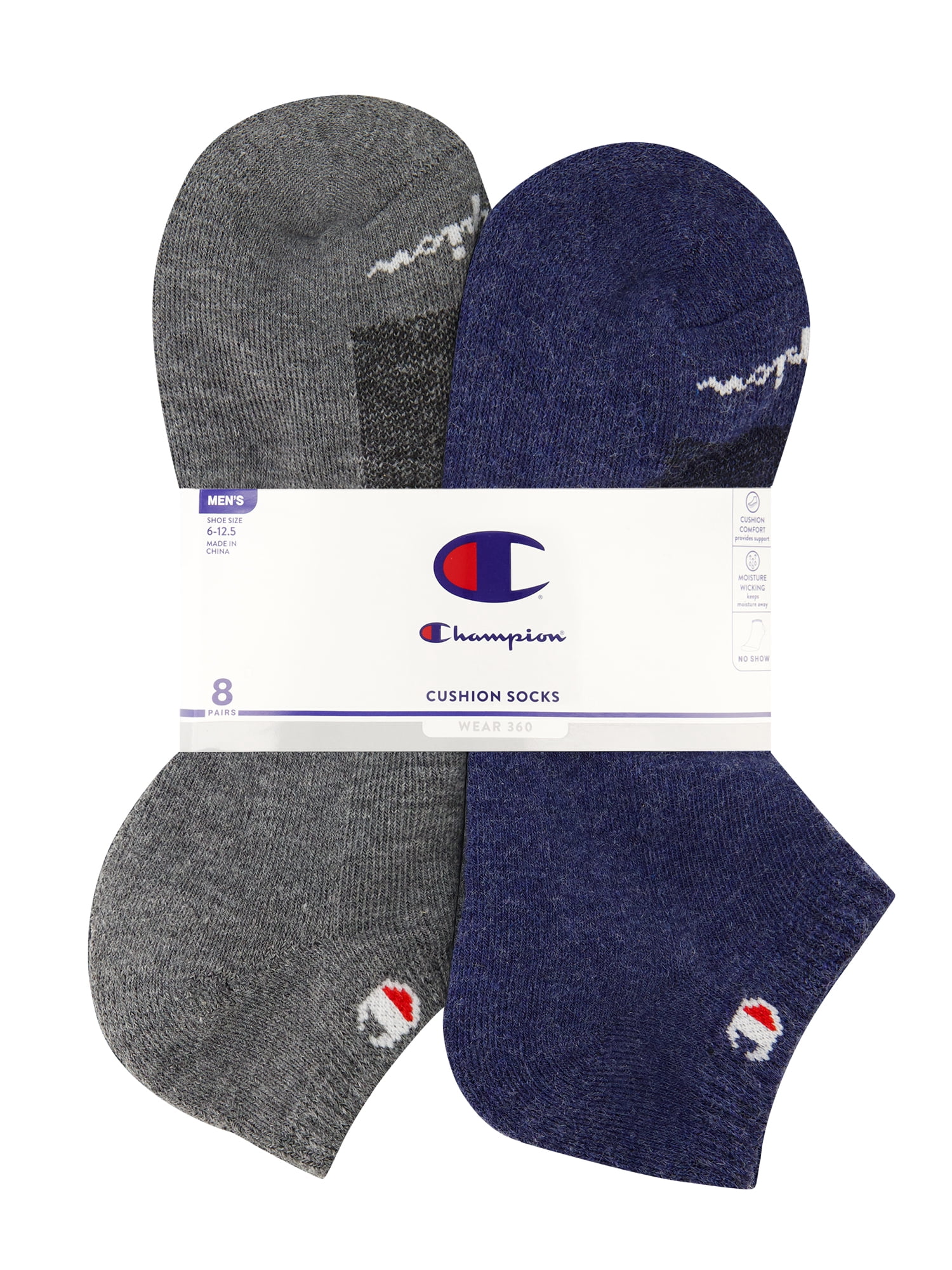 Champion Men’s No Show Socks 8 Pack – Half Terry Cushion, Moisture-Wicking, Arch Support, Stretch Comfort, Sizes 6–12.5
