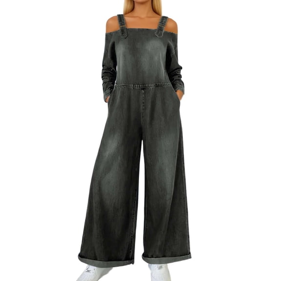 Womens One Piece Jumpsuit Denim Print Long Sleeve Relaxed Fit with Pockets Black L