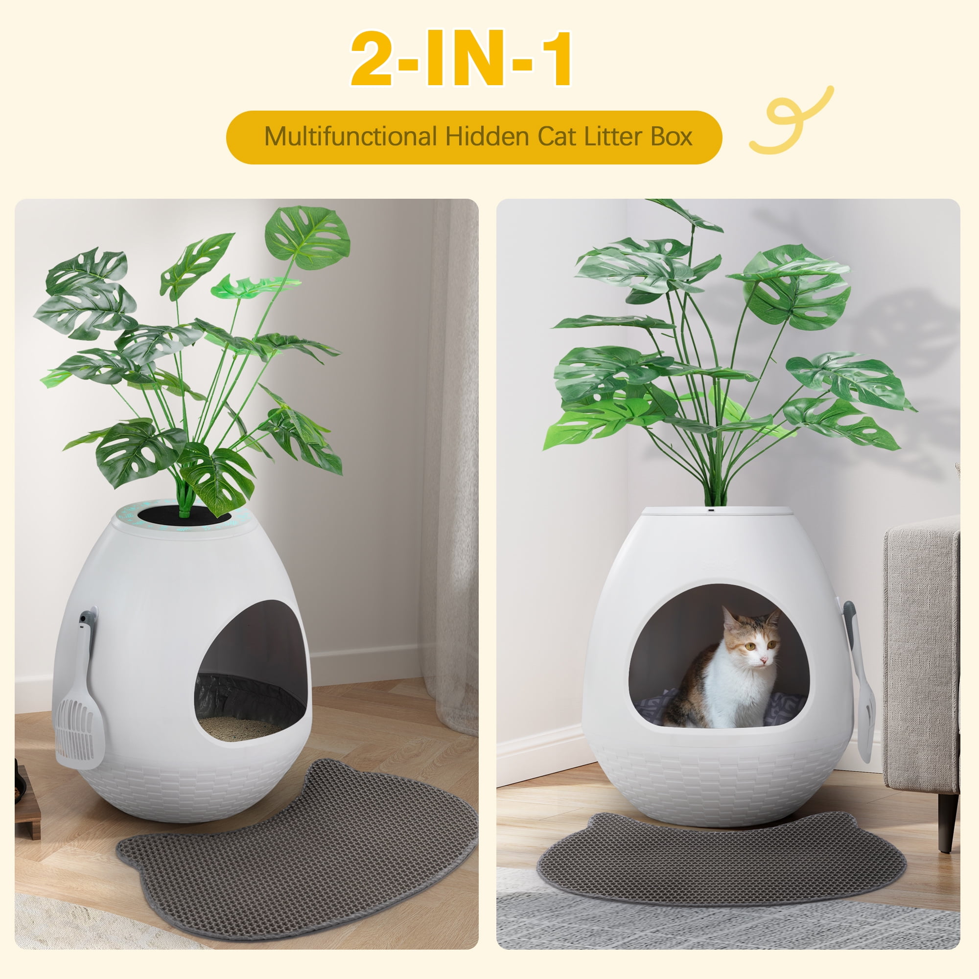 Jaxpety Large Smart Plant Litter Box with Deodorization System, Artificial Plants,5 Cat Litter Bags,Light,Cat Litter Mat,Scoop,White