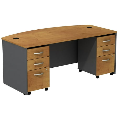 UPC: 0042976523848 | Bush Business Furniture Series C Bow Front Desk with 3 Drawer Mobile Pedestals – Natural Cherry