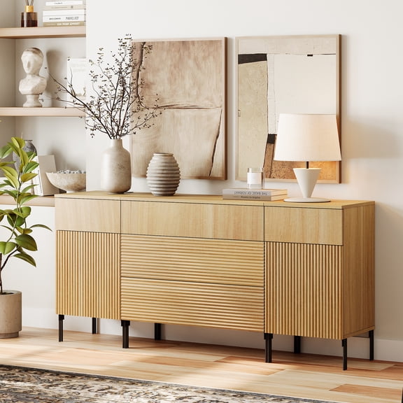 63" Reeded Accent Cabinet Set with Doors and Drawers, Modern Credenza Storage Cabinet with Charging Station for Living Room, Kitchen, Dining Room, Hallway