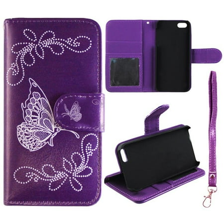 Iphone Wallet Case - White Butterfly Purple Wallet Folio Case for for Iphone 6 & 6S Fashion Flip PU Leather Cover Card Slots & Stand