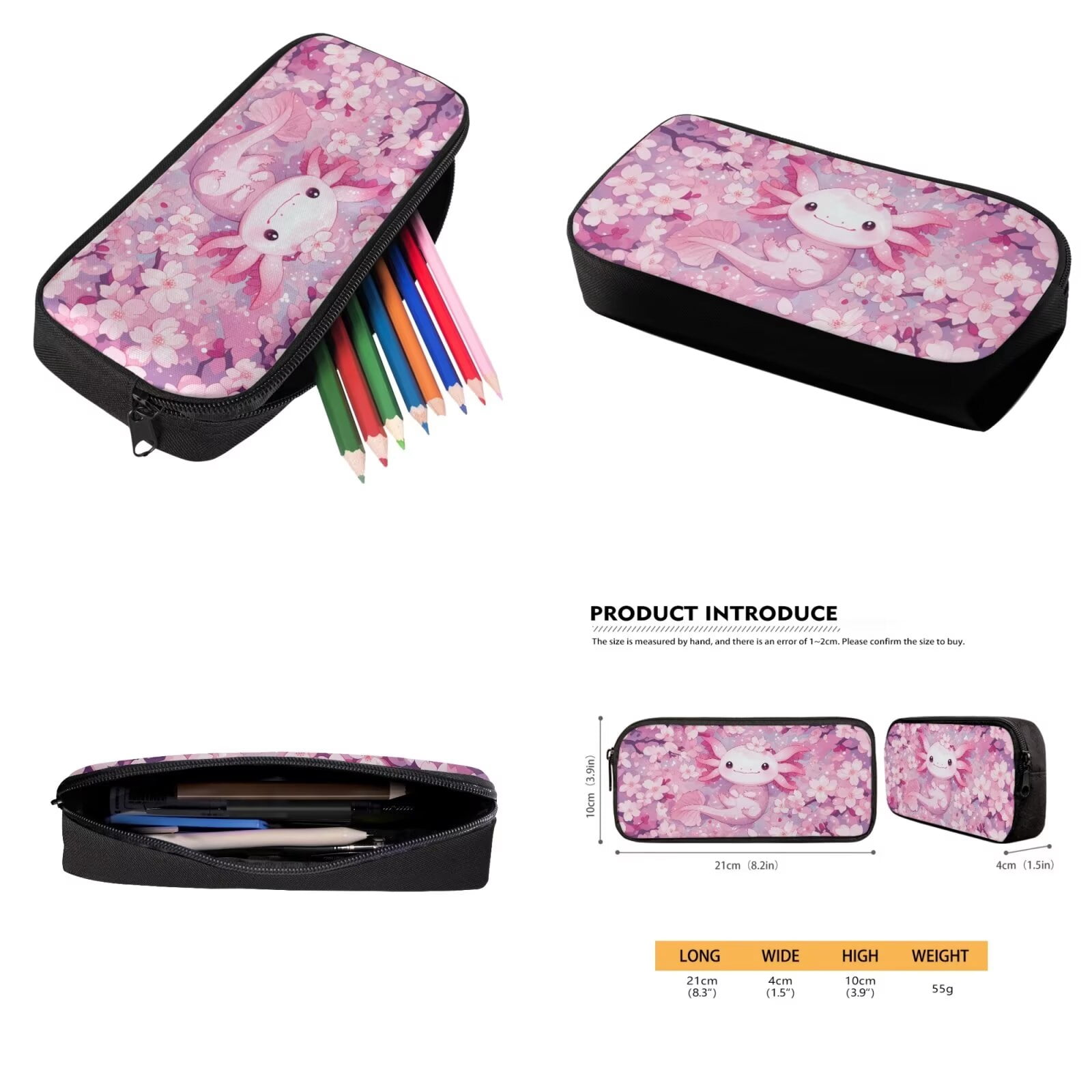Binienty Axolotl Backpack With Lunch Box And Pencil Case for Girls Cherry Blossom Girls Bookbag Ages 6-8 Pink Schoolbag 17 Inch Kids Back to School Gifts