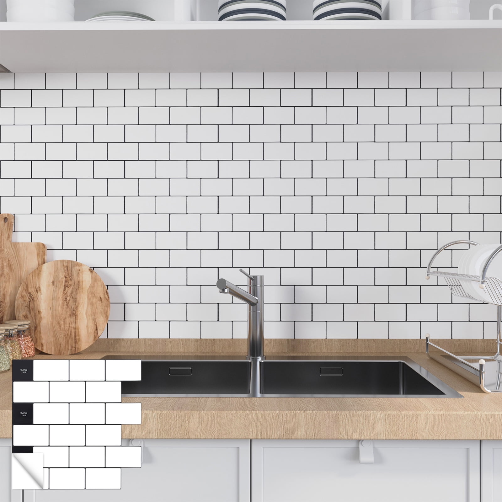 White with Black Grout Kitchen Backsplash Tiles Peel and Stick 10-Sheet
