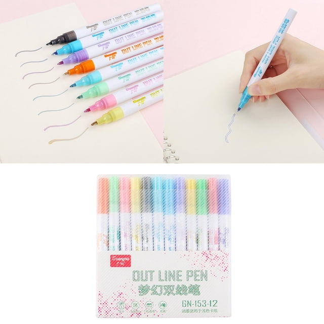Rotuladores de doble línea con brillo, 8 colores/12 colores para tarjetas de felicitación de cumpleaños, , manual de bricolaje, bocetos de perfecl Bolígrafos de contorno de doble línea
