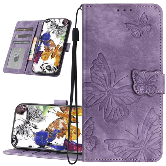 for iPhone XR Wallet Case, Women Flip Folio Cover with Embossed Butterfly PU Leather Magnetic Closure Credit Card Holder Wrist Strap for iPhone XR 6.1 inch,Purple